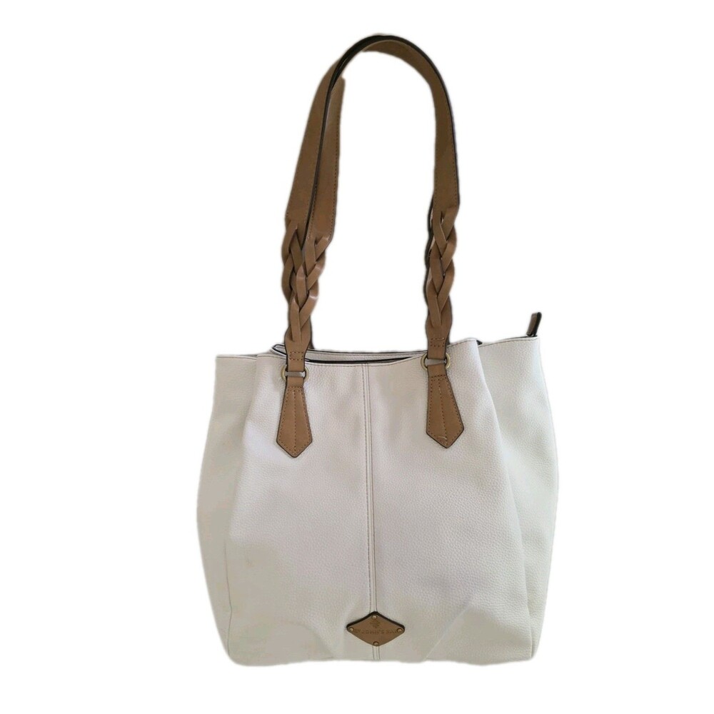 St. John’s Bay White Vachetta Shoulder Bag Tote Handbag Purse Tan Braided Straps